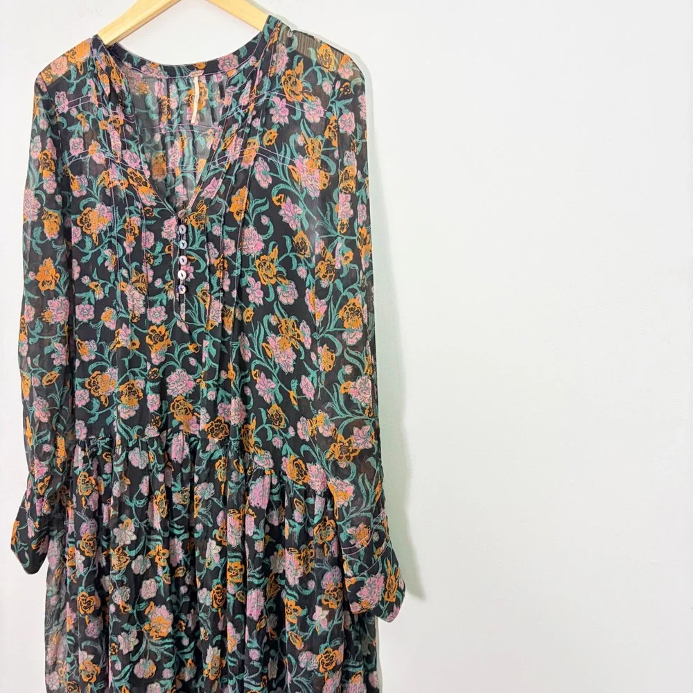 Free People See It Through Floral Long Sleeve Maxi Dress Black XS Boho Tiered
